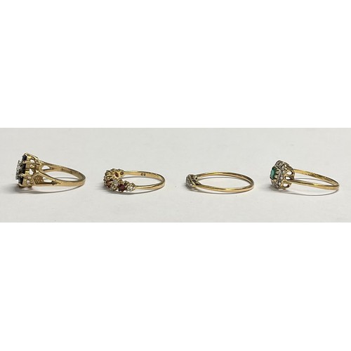 605 - A 9ct gold dress ring, set with green and clear stones, size L, marked 375, 1.4g; an unmarked five s... 