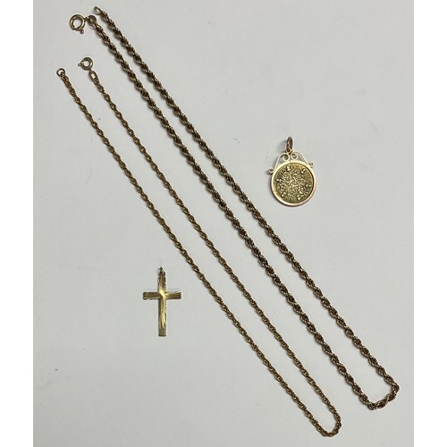 614 - A 9ct gold rope twist necklace, a 9ct gold cross pendant and chain, 11g; a 9ct rose gold mounted sil... 