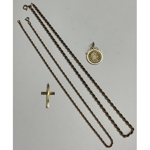 614 - A 9ct gold rope twist necklace, a 9ct gold cross pendant and chain, 11g; a 9ct rose gold mounted sil... 