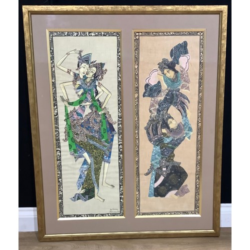 584 - A pair of Indonesian batik, painted with figures in traditional costume, framed as one, each 79.5cm ... 