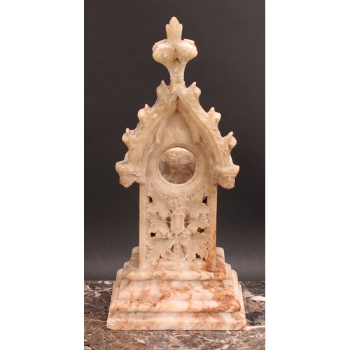 628 - A late 19th century Gothic Revival alabaster architectural pocket watch stand, 37cm high, 16.5cm wid... 