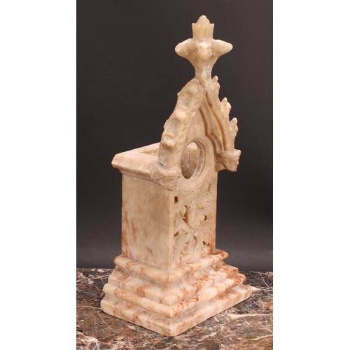 628 - A late 19th century Gothic Revival alabaster architectural pocket watch stand, 37cm high, 16.5cm wid... 