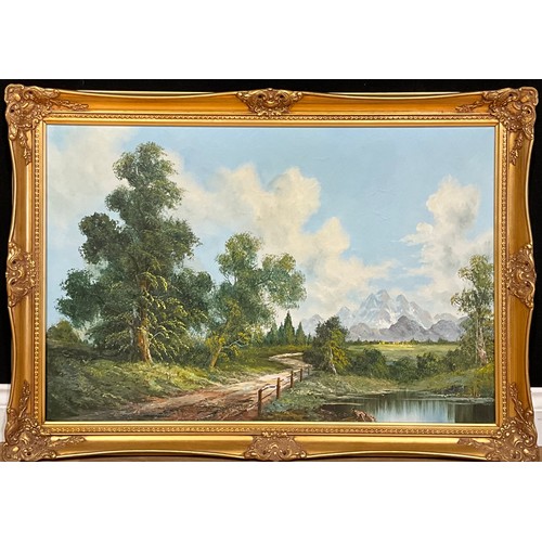 639 - C. Wells (English School)
Wooded Landscape with Mountains
signed, oil on canvas, 59cm x 90cm