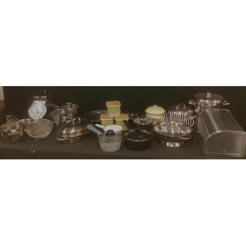 723 - Kitchen Equipment - scales, pans, bread bin, storage jars, flatware, etc