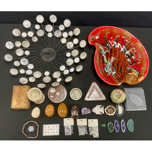 728 - A small amethyst geode section; other semi-precious specimen stones; an onyx apple; an alabaster egg... 