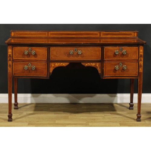 1349 - A Sheraton Revival satinwood banded mahogany and marquetry serpentine serving table or sideboard, sl... 