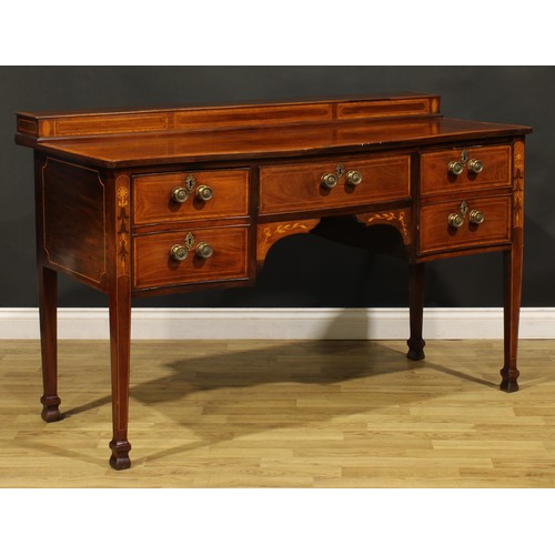 1349 - A Sheraton Revival satinwood banded mahogany and marquetry serpentine serving table or sideboard, sl... 