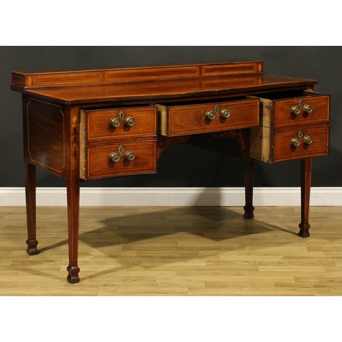 1349 - A Sheraton Revival satinwood banded mahogany and marquetry serpentine serving table or sideboard, sl... 