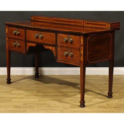 1349 - A Sheraton Revival satinwood banded mahogany and marquetry serpentine serving table or sideboard, sl... 