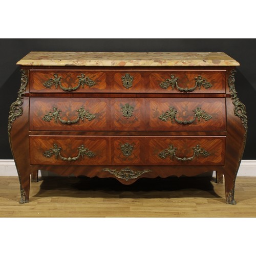 1203 - A Louis XV Revival gilt metal mounted kingwood and marquetry bombe commode, marble top above three l... 