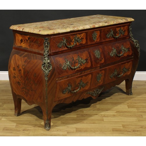 1203 - A Louis XV Revival gilt metal mounted kingwood and marquetry bombe commode, marble top above three l... 