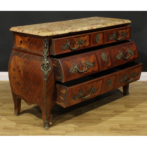 1203 - A Louis XV Revival gilt metal mounted kingwood and marquetry bombe commode, marble top above three l... 