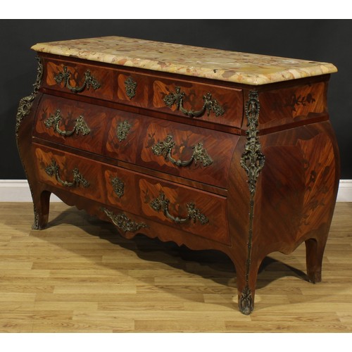 1203 - A Louis XV Revival gilt metal mounted kingwood and marquetry bombe commode, marble top above three l... 