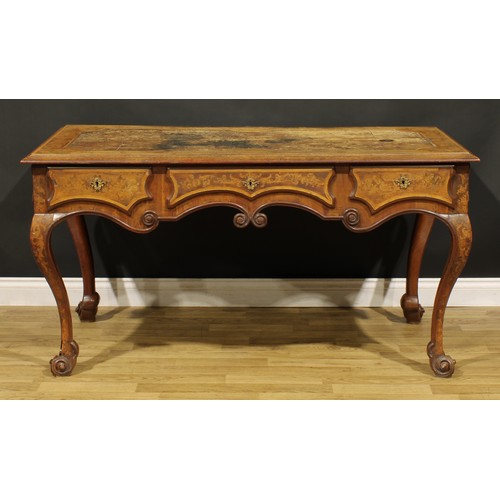 1324 - A 19th century Continental walnut and marquetry bureau plat, rectangular top with inset tooled and g... 