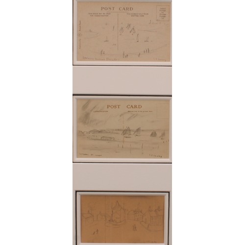 354 - In the manner of L S Lowry (1887 - 1976) a triptych, two pencil sketches on postcards, Looking Towar... 