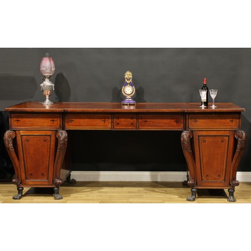 1434 - A substantial Regency mahogany twin pedestal sideboard or serving table, inverted break-centre plum ... 