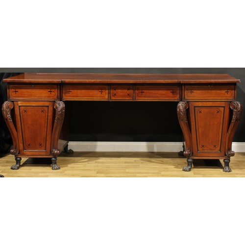 1434 - A substantial Regency mahogany twin pedestal sideboard or serving table, inverted break-centre plum ... 