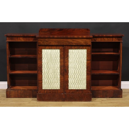 1343 - A Post-Regency mahogany break-centre low library bookcase, by J. Russell, upholsterer, cabinet maker... 