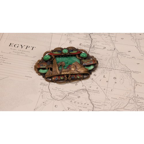 947 - A large Neiger Brothers Egyptian Revival brass cloisonne enamel and Peking malachite glass brooch, d... 