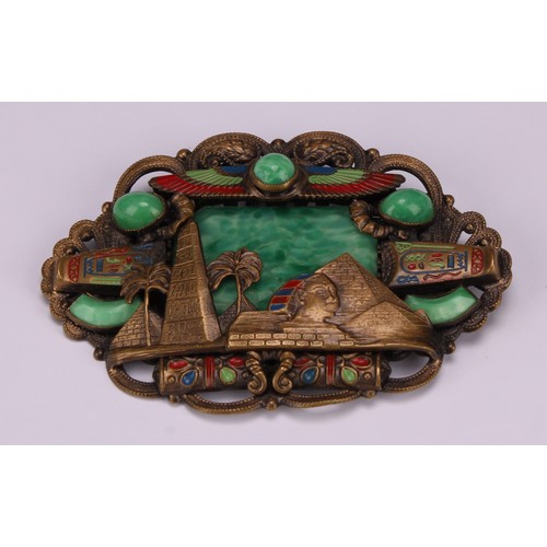 947 - A large Neiger Brothers Egyptian Revival brass cloisonne enamel and Peking malachite glass brooch, d... 