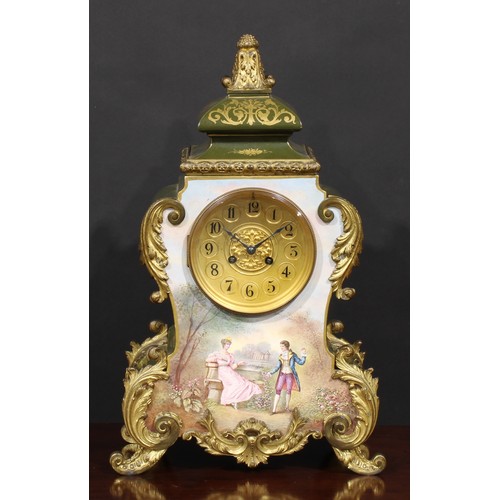 1560 - A Louis XV Revival gilt metal mounted porcelain cartouche shaped mantel clock, painted by Dumas, sig... 