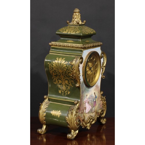 1560 - A Louis XV Revival gilt metal mounted porcelain cartouche shaped mantel clock, painted by Dumas, sig... 