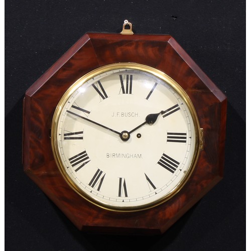 1213 - A 19th century flame mahogany hexagonal wall timepiece, 29.5cm painted clock dial inscribed J.F. BUS... 