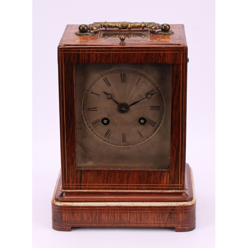 1215 - A 19th century French rosewood and marquetry mantel clock, 9.5cm silvered dial inscribed with Roman ... 