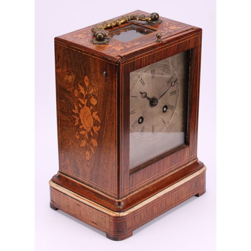 1215 - A 19th century French rosewood and marquetry mantel clock, 9.5cm silvered dial inscribed with Roman ... 