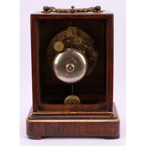 1215 - A 19th century French rosewood and marquetry mantel clock, 9.5cm silvered dial inscribed with Roman ... 