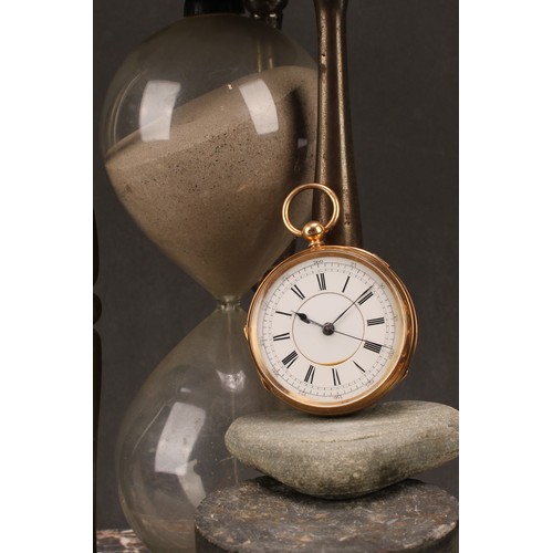 923 - An 18ct gold open face key wind pocket watch by George Massey, Swadlincote, white enamel dial, Roman... 