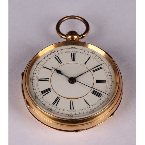 923 - An 18ct gold open face key wind pocket watch by George Massey, Swadlincote, white enamel dial, Roman... 