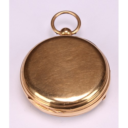 923 - An 18ct gold open face key wind pocket watch by George Massey, Swadlincote, white enamel dial, Roman... 