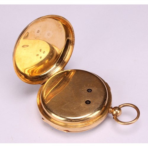 923 - An 18ct gold open face key wind pocket watch by George Massey, Swadlincote, white enamel dial, Roman... 