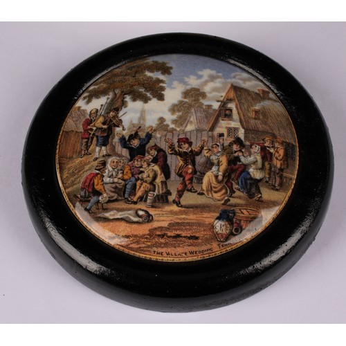 17 - A Staffordshire Pratt Ware pot lid, Highlanders with spoils of the hunt, 12cm diameter, marked Pratt... 