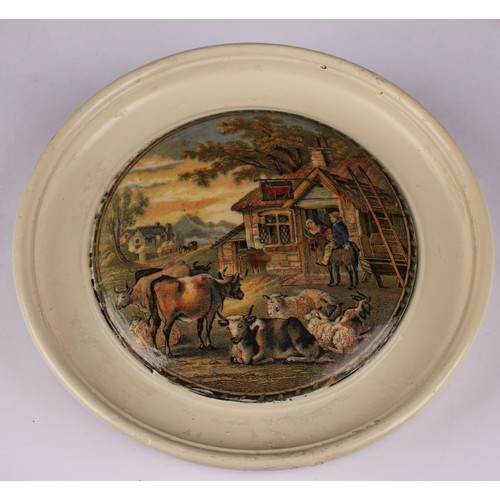 17 - A Staffordshire Pratt Ware pot lid, Highlanders with spoils of the hunt, 12cm diameter, marked Pratt... 