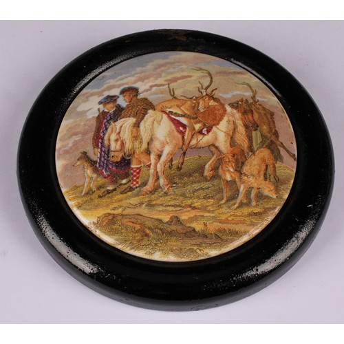 17 - A Staffordshire Pratt Ware pot lid, Highlanders with spoils of the hunt, 12cm diameter, marked Pratt... 