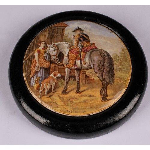 17 - A Staffordshire Pratt Ware pot lid, Highlanders with spoils of the hunt, 12cm diameter, marked Pratt... 