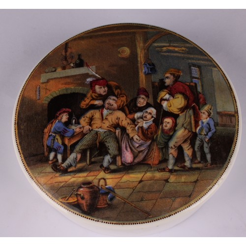 17 - A Staffordshire Pratt Ware pot lid, Highlanders with spoils of the hunt, 12cm diameter, marked Pratt... 