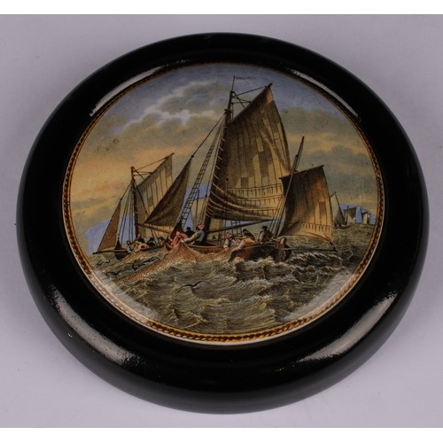 17 - A Staffordshire Pratt Ware pot lid, Highlanders with spoils of the hunt, 12cm diameter, marked Pratt... 