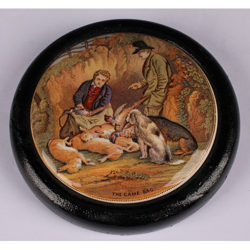 16 - A Staffordshire Pratt Ware pot lid, Bear Hunt, 7.5cm diameter, circular ebonised mount; others, The ... 