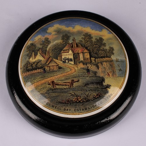 16 - A Staffordshire Pratt Ware pot lid, Bear Hunt, 7.5cm diameter, circular ebonised mount; others, The ... 