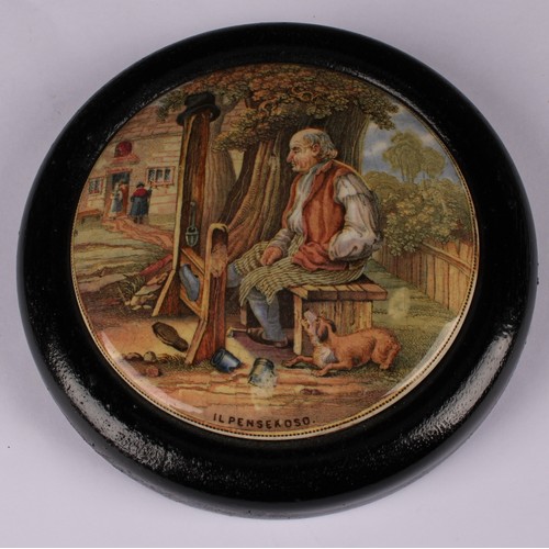 16 - A Staffordshire Pratt Ware pot lid, Bear Hunt, 7.5cm diameter, circular ebonised mount; others, The ... 