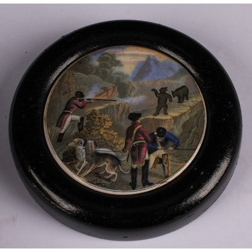 16 - A Staffordshire Pratt Ware pot lid, Bear Hunt, 7.5cm diameter, circular ebonised mount; others, The ... 