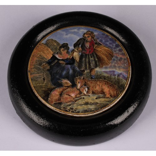 16 - A Staffordshire Pratt Ware pot lid, Bear Hunt, 7.5cm diameter, circular ebonised mount; others, The ... 