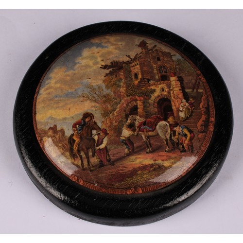 19 - A Staffordshire Pratt ware pot lid, The Enthusiast, 11cm diameter, circular ebonised mount; other, T... 