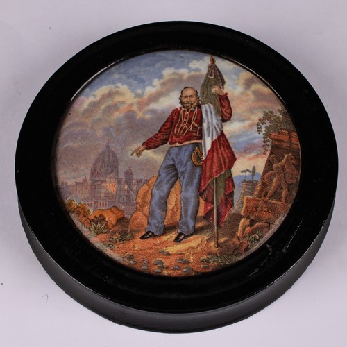 19 - A Staffordshire Pratt ware pot lid, The Enthusiast, 11cm diameter, circular ebonised mount; other, T... 