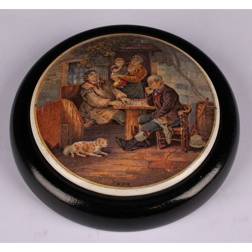 19 - A Staffordshire Pratt ware pot lid, The Enthusiast, 11cm diameter, circular ebonised mount; other, T... 