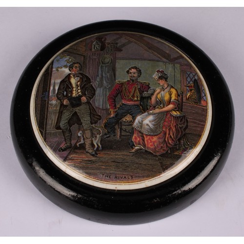 19 - A Staffordshire Pratt ware pot lid, The Enthusiast, 11cm diameter, circular ebonised mount; other, T... 