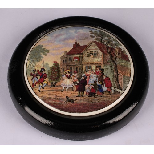 19 - A Staffordshire Pratt ware pot lid, The Enthusiast, 11cm diameter, circular ebonised mount; other, T... 